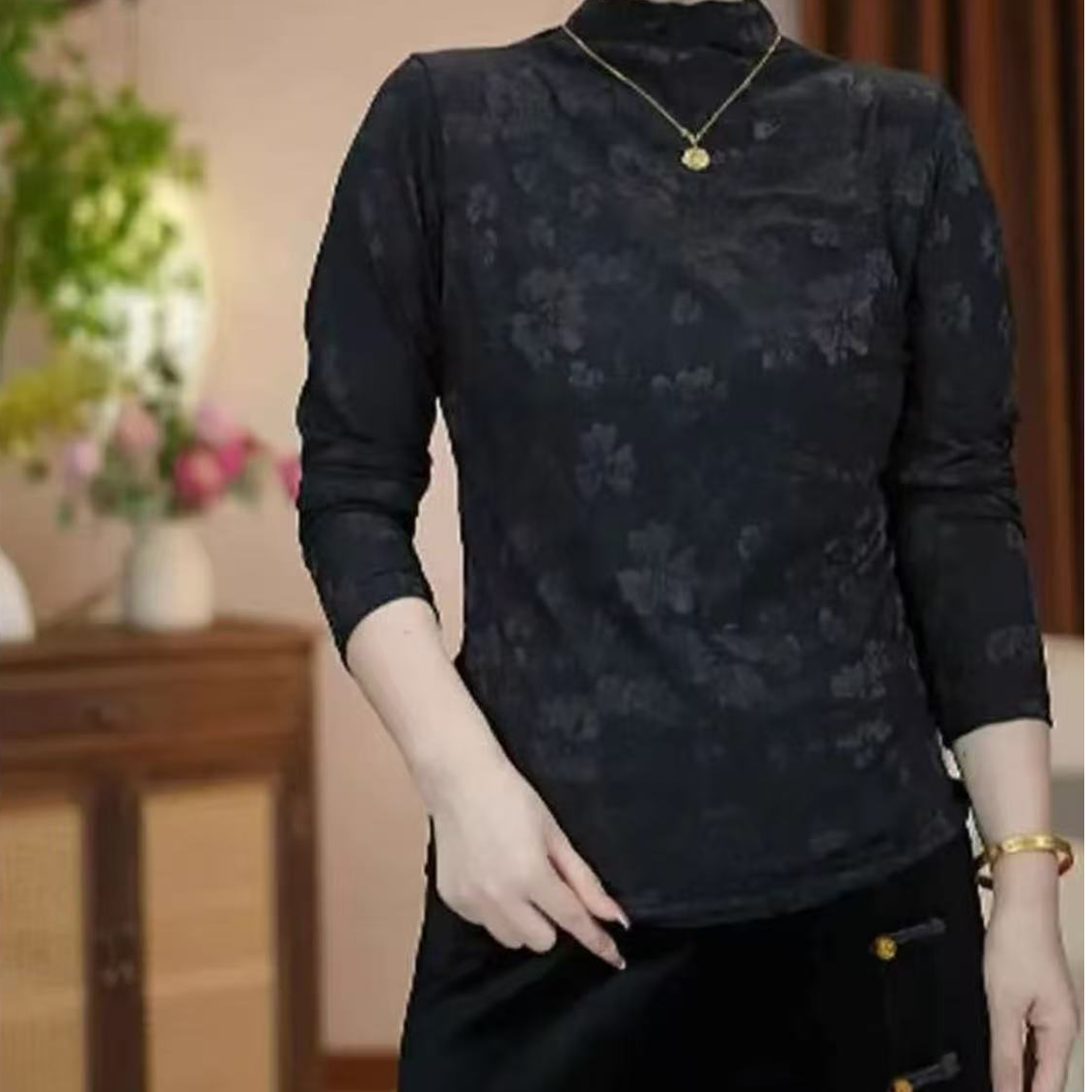 【玫瑰】针织长袖毛针织衫黑色玫瑰针织衫衬衫修身双面立领