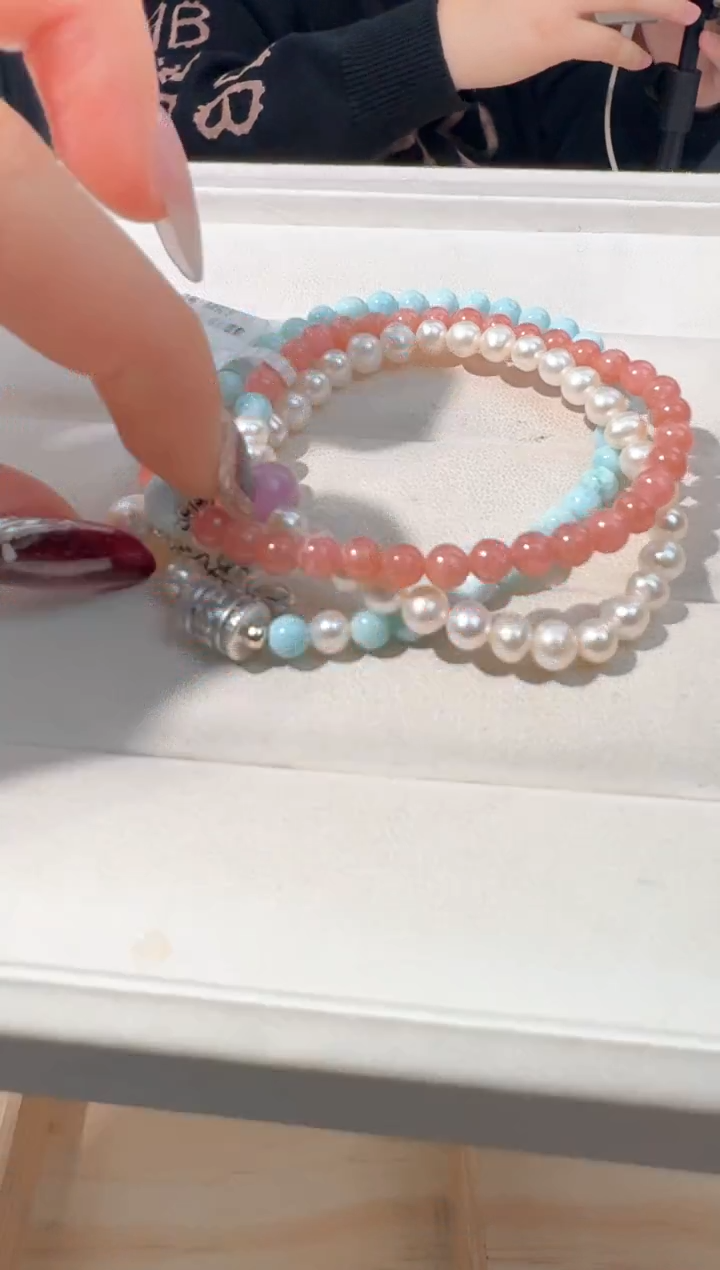 【闪购商品】针钠钙石（海纹石）手链银S925镶嵌红纹海纹珍珠三圈款