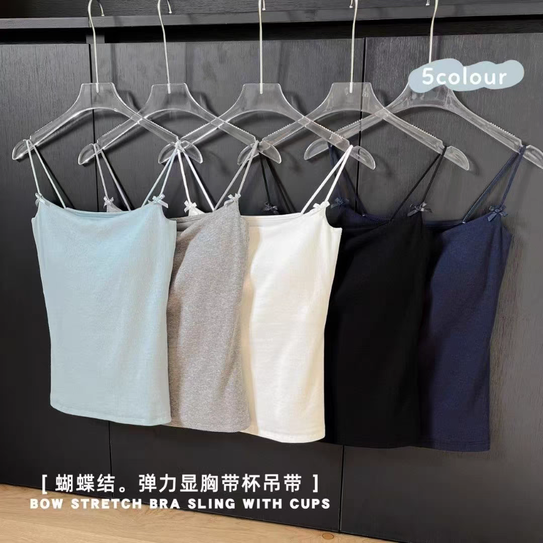 25203纯欲风一字领蝴蝶结螺纹弹力显瘦一体带胸垫背心