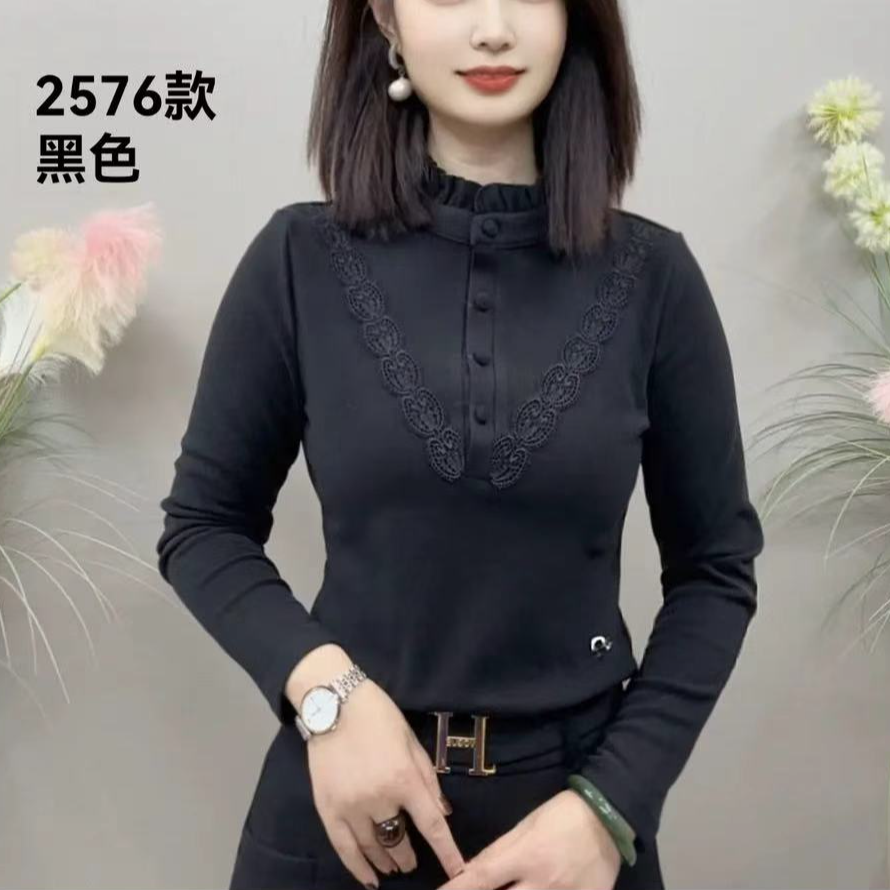 《送运费险》冬季加绒加厚打底衫纯色时尚刺绣花边领款气质百搭小衫