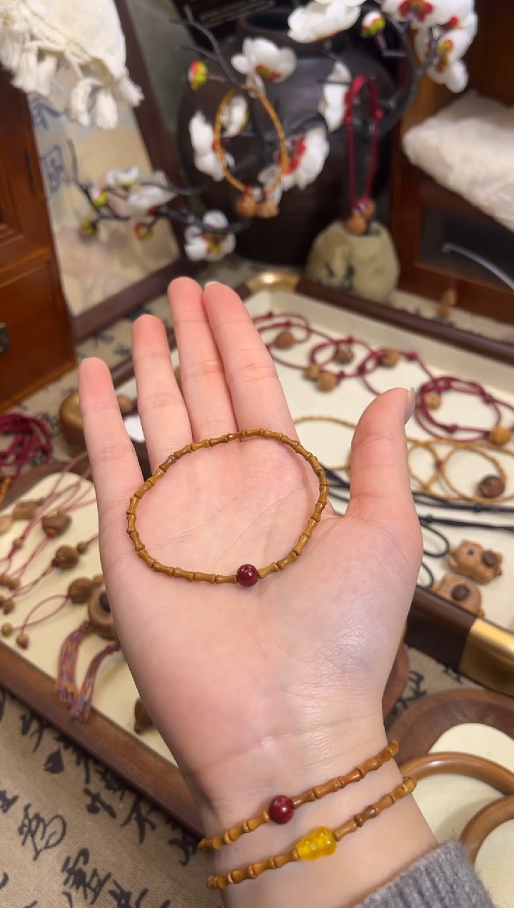 手串桃核【桃缘行】竹节「红色莎莎」桃木桃核辟、挡、驱、护 备注手围