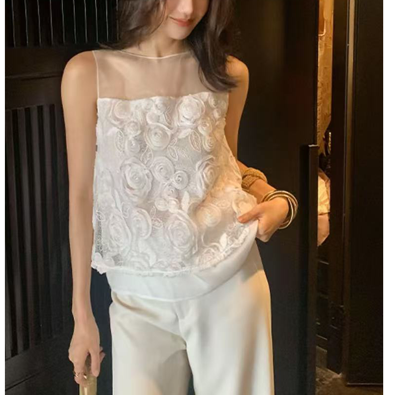 【ALONE】龍儿 花序法式立体玫瑰花网纱拼接无袖背心