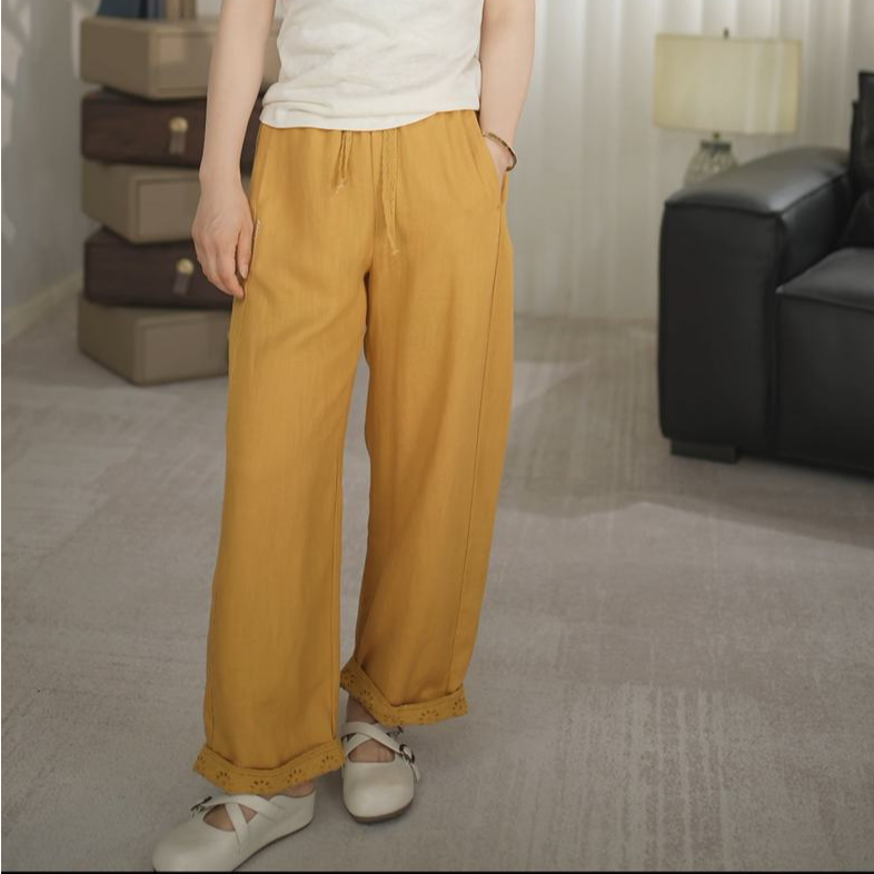 天 丝 亚 麻时尚休闲风小个子阔腿裤夏季薄款松紧腰69102098