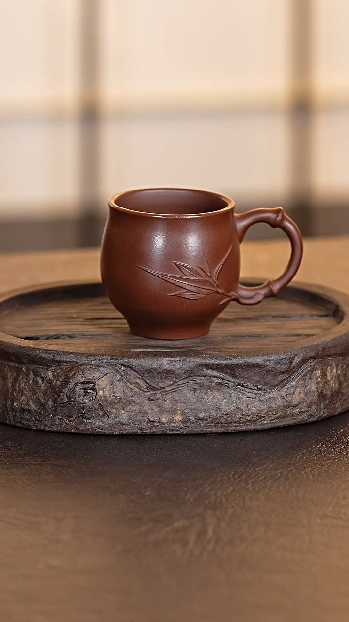 竹节紫砂老紫泥把手杯