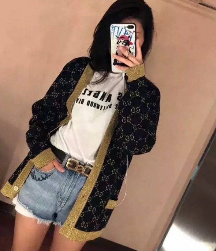 99新 GUCCI/古驰  IW0774  深蓝色logo提花满印开衫外套 S码 