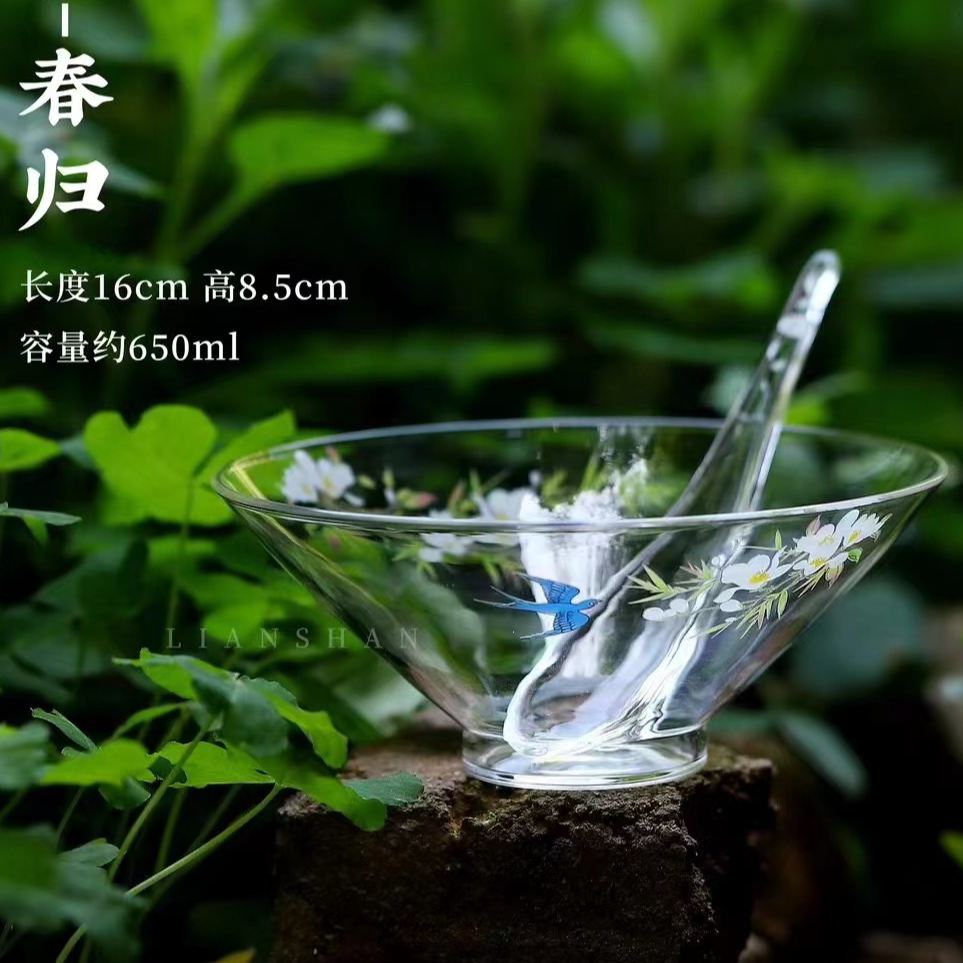 斗笠绿茶碗-春归贴花 茶碗高硼硅耐热玻璃加厚绿茶分茶碗