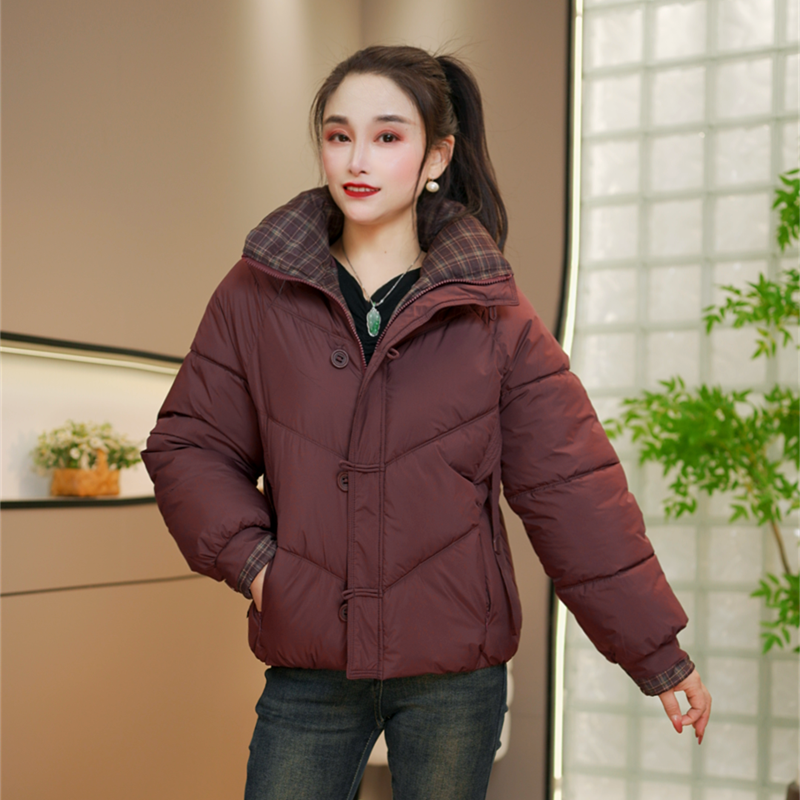 2026冬季保暖女短款棉衣韩风宽松格子拼色棉服时尚棉袄女士外套