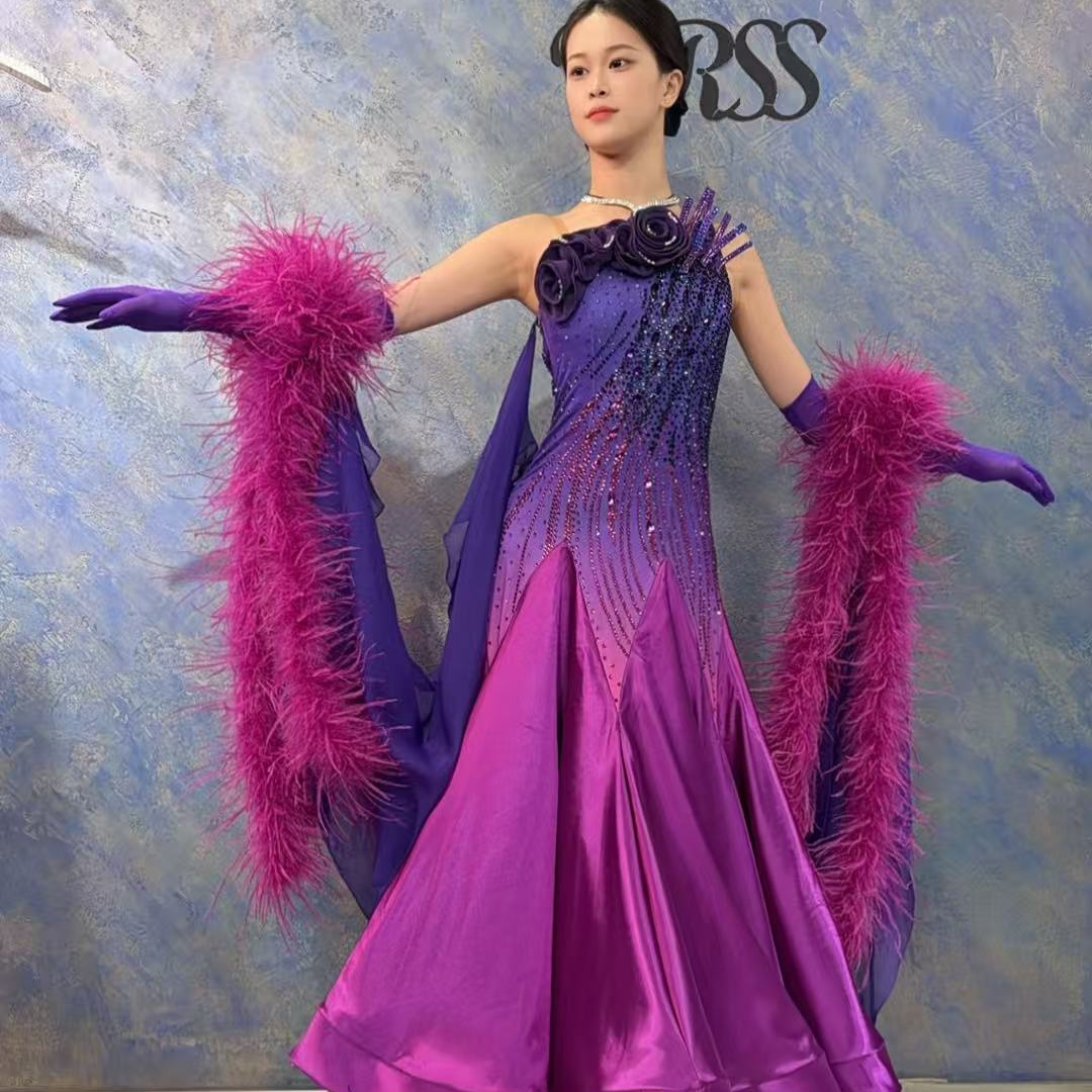 YRSS舞服♥新款定制紫红渐变羽毛长袖摩登表演裙