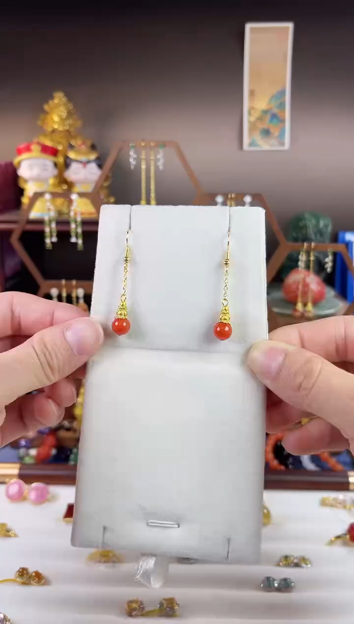 银S925镀金镶嵌南红玛瑙耳饰，822A-4子时归系列-南红耳钩-短款