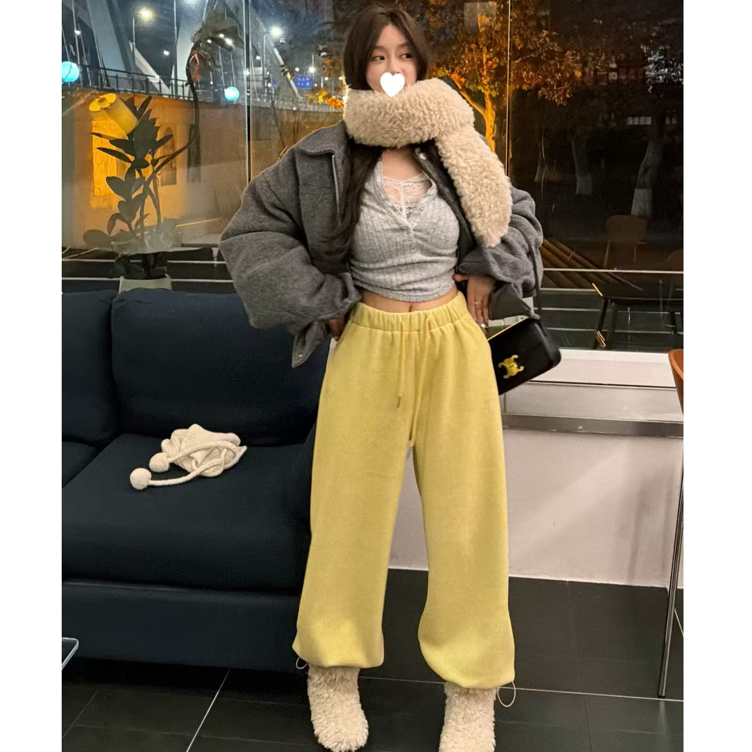 【YKL】冬日软糖 灰色蕾丝假两件长袖黄色抽绳卫裤深灰翻领羽羽外套