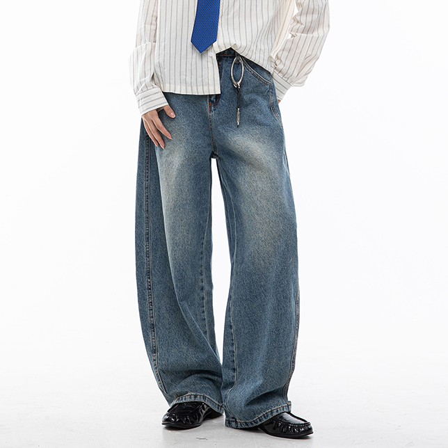 INZYIFUIEE水洗弯刀牛仔裤高街阔腿裤做旧ins直筒裤百搭韩版裤子