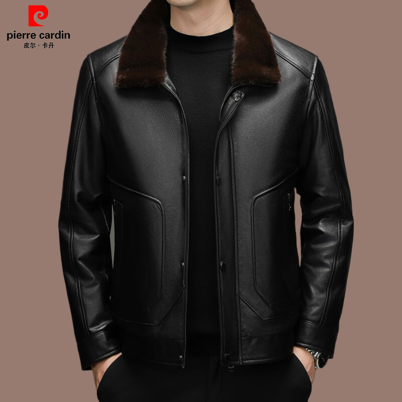 皮尔卡丹翻领真皮皮衣男加厚休闲高级感貂毛内胆头层牛皮夹克外套