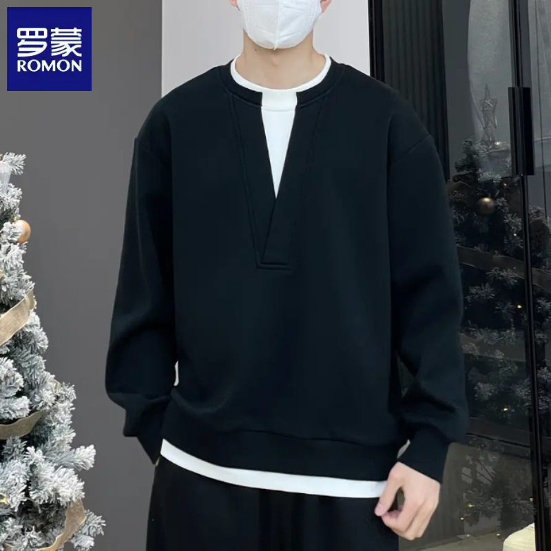 罗蒙2025新款假两件设计款长袖V领卫衣打底男女同款休闲慵懒简约