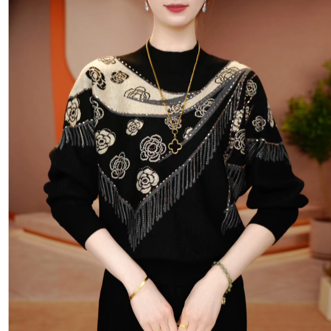 A251057-秋冬新款百搭显瘦减龄舒适透气女针织提花上衣