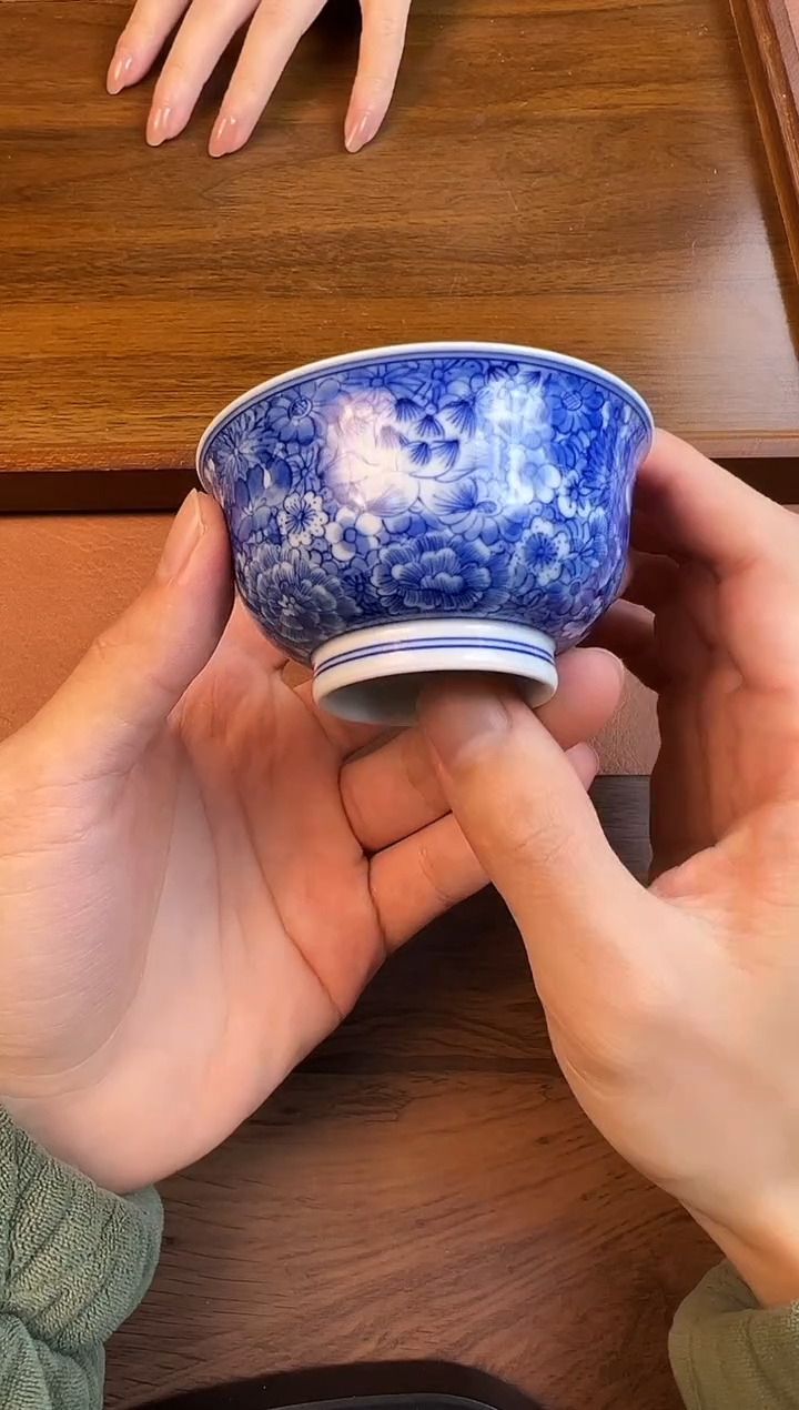 问青坊纯手工手绘青花万花内外满绘柴窑主人杯