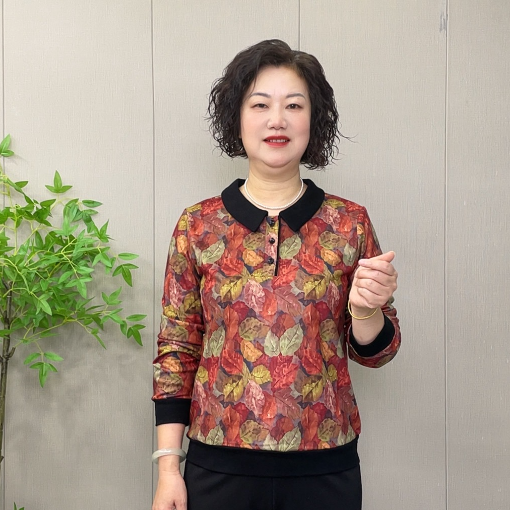 2025秋季新款时尚洋气减龄显瘦长袖中老年宽松印花妈妈装打底衫