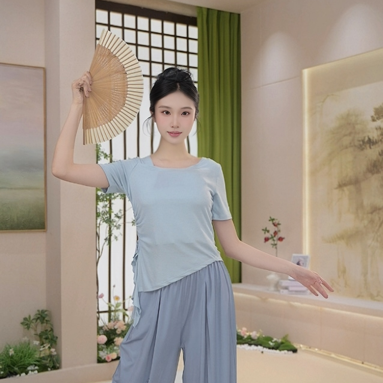 048【清仓】斜领褶皱夏修身舞蹈服练功服形体服上衣短袖跳舞服飘逸