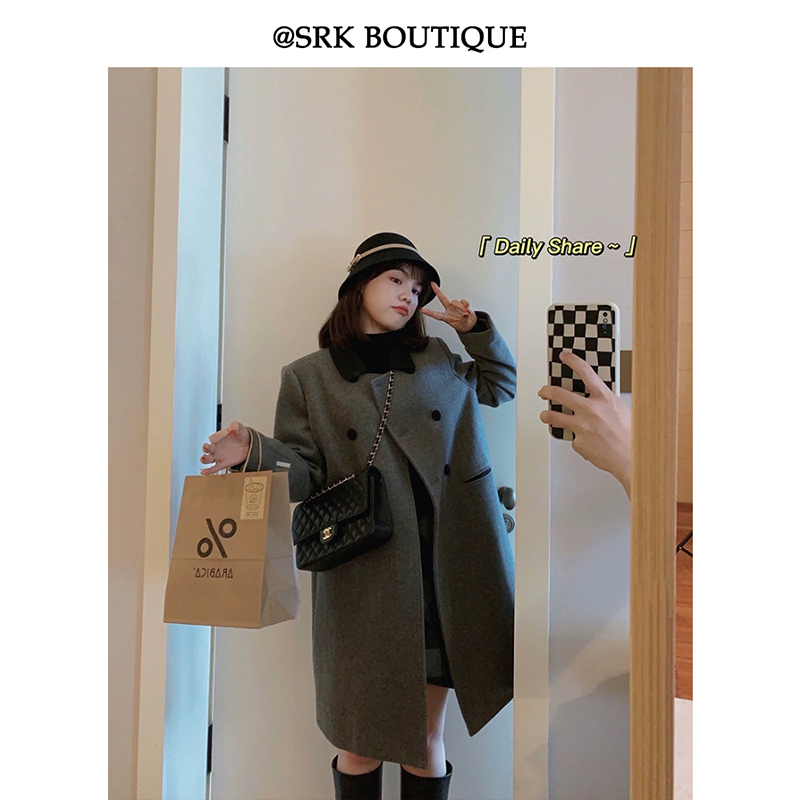 黑色羊毛呢大衣女秋冬新款小个子高级感中长款夹棉外套S2QY0488