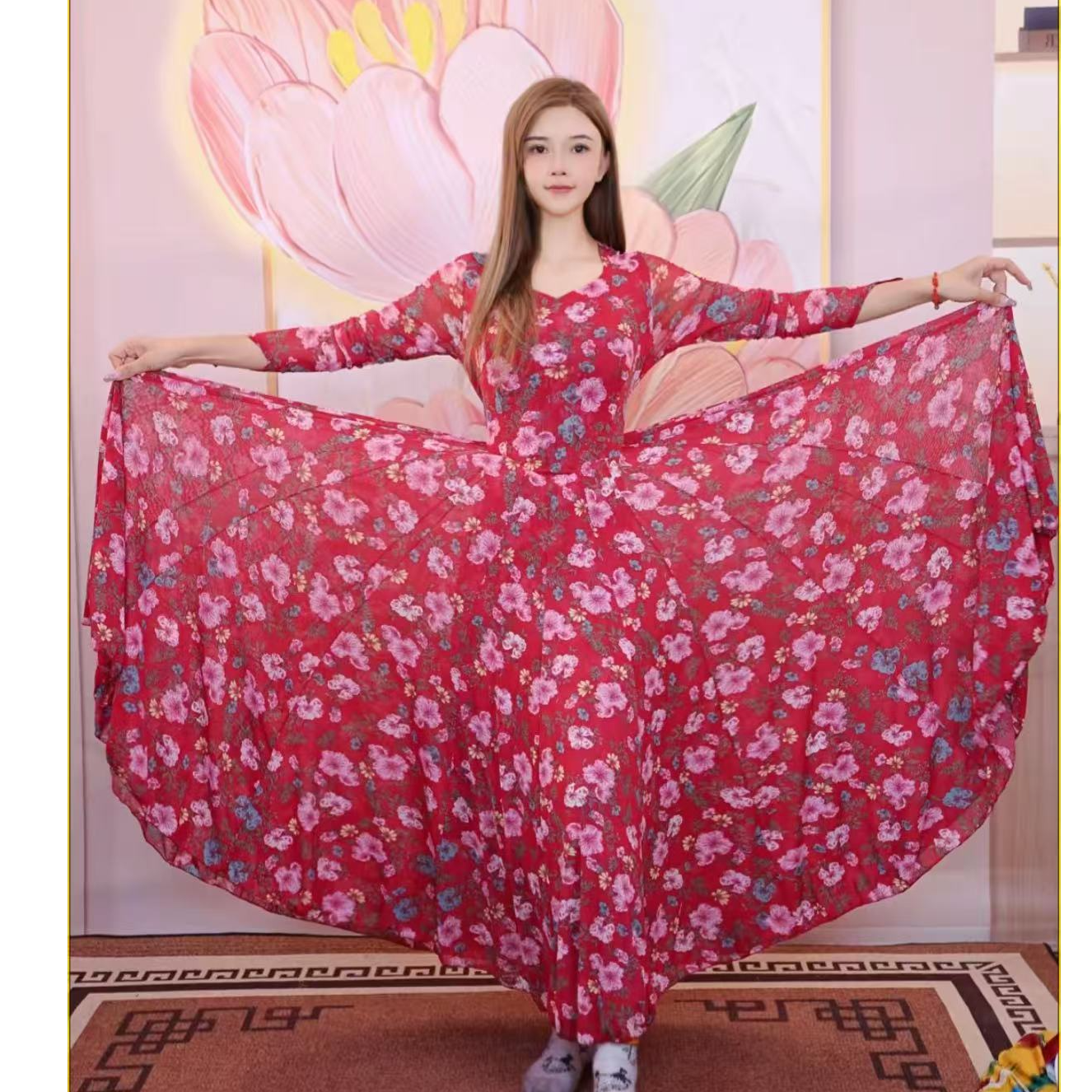 新疆舞蹈连衣裙长袖显瘦新疆舞服饰广场舞720度大摆连衣裙红色