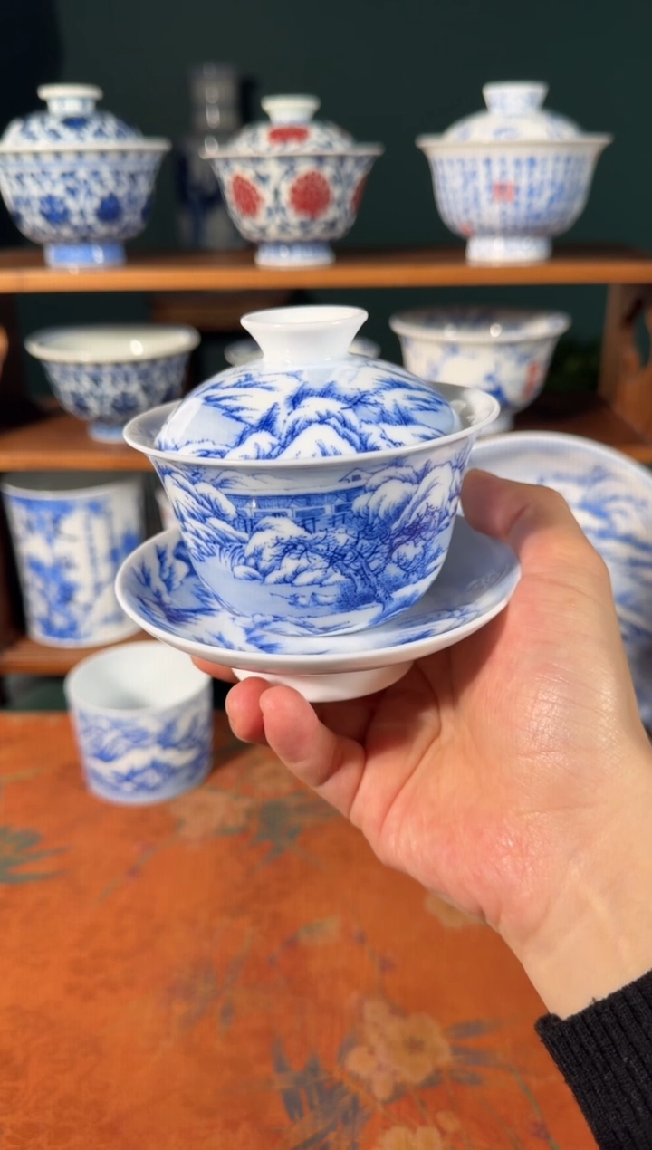 杯画堂春雪景三才盖碗