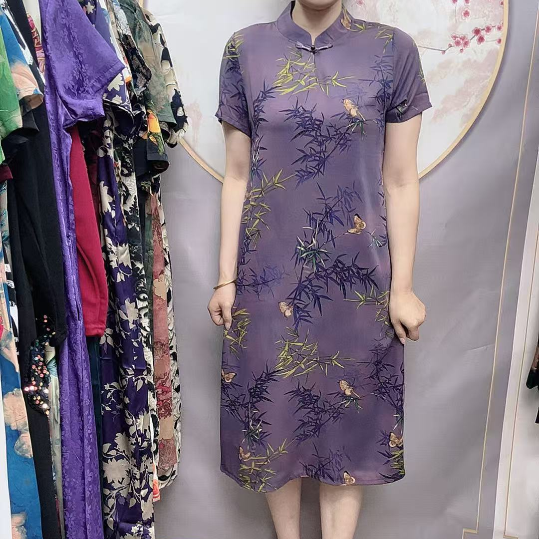 【紫竹旗袍】2025夏季妈妈装气质短袖连衣裙洋气中老年女装宽松长裙
