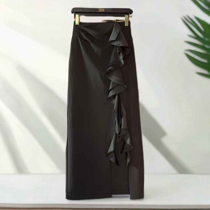 曹掌柜秋季女士新款气质长款前（左侧）开叉拼接时尚木耳边半身裙