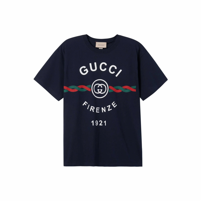 未使用 GUCCI/古驰 字母数字印花平纹针织短袖T恤 深蓝色/XS-L