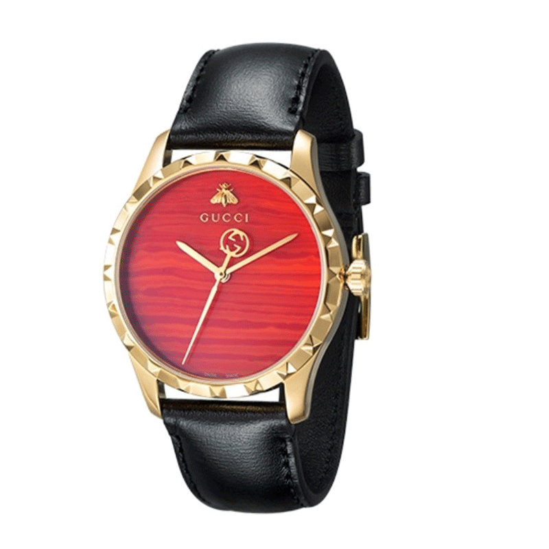 【Cc专属】GUCCI古驰黑色皮革红色表盘38MM石英腕表YA126464