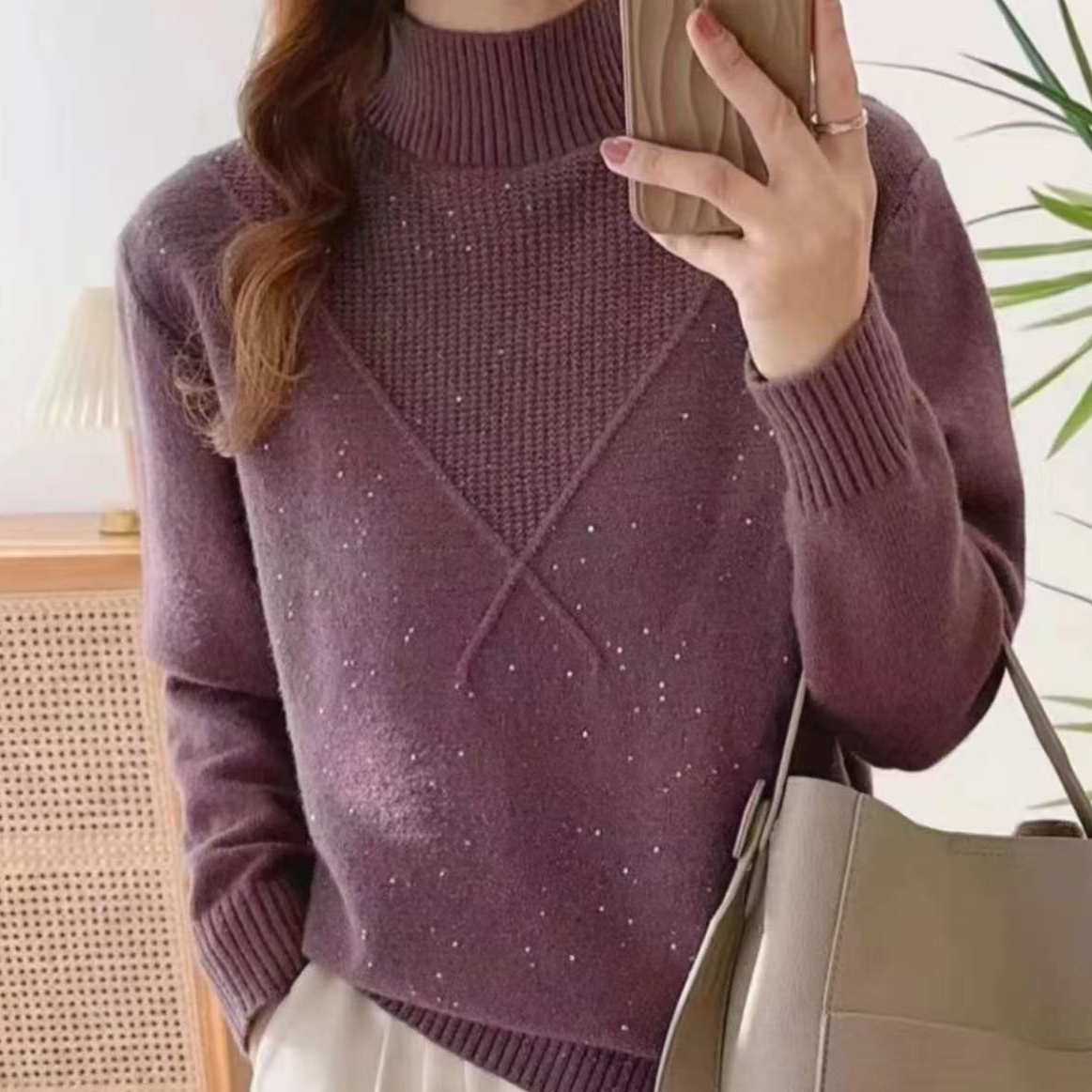 272#秋冬新款百搭半高领亮片针织衫长袖套头80