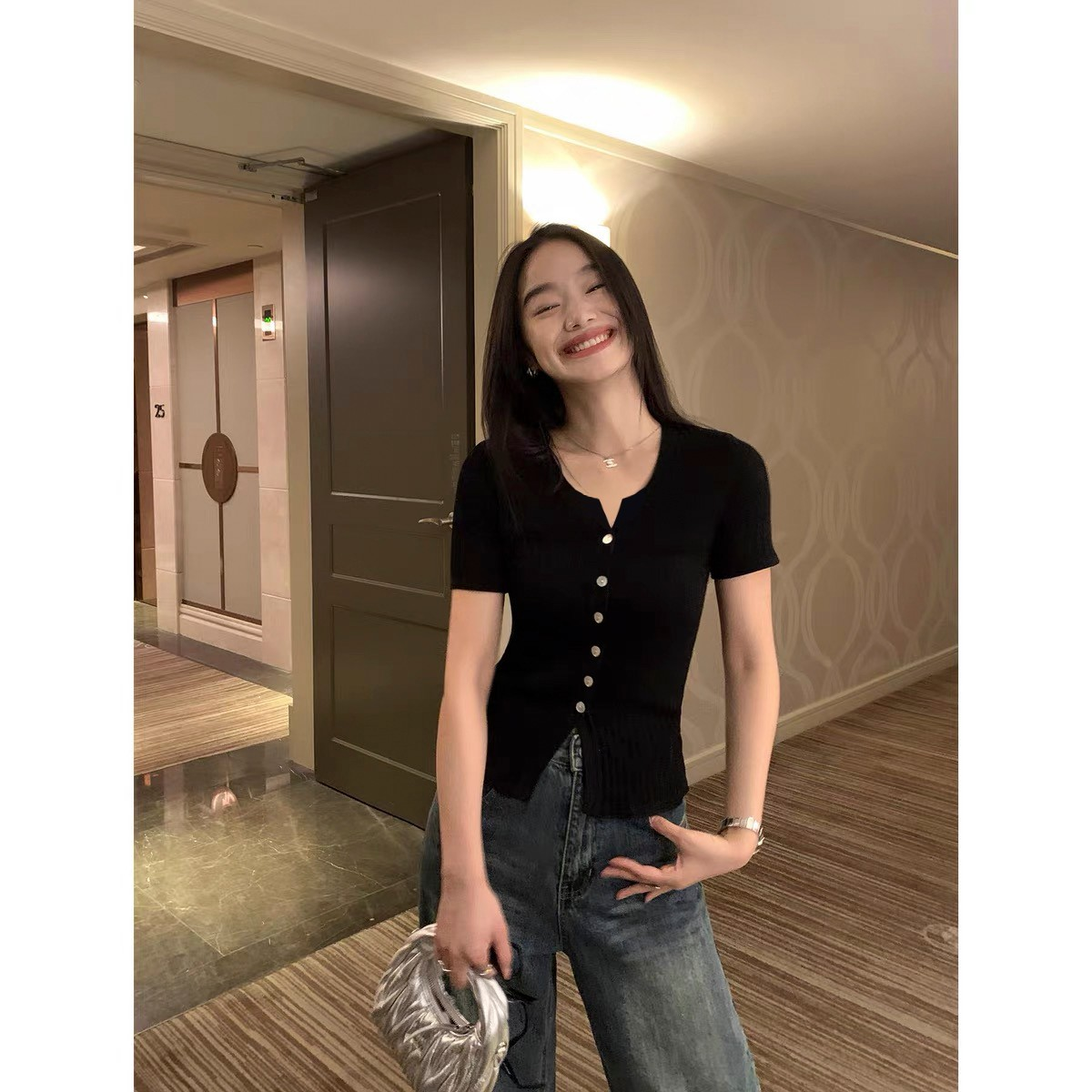 【米白色】3159超柔软高品质圆领设计感上衣