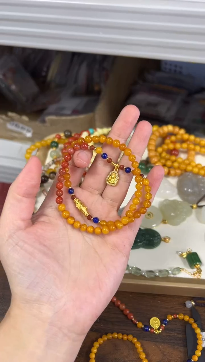 蜜蜡颈饰未镶嵌孤品蜜蜡南红设计款双圈手链[84]