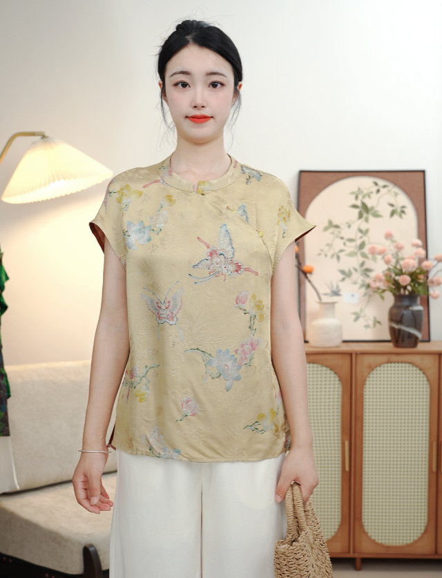 常规新中式提花短袖夏季衬衫连衣裙印染中国风圆领