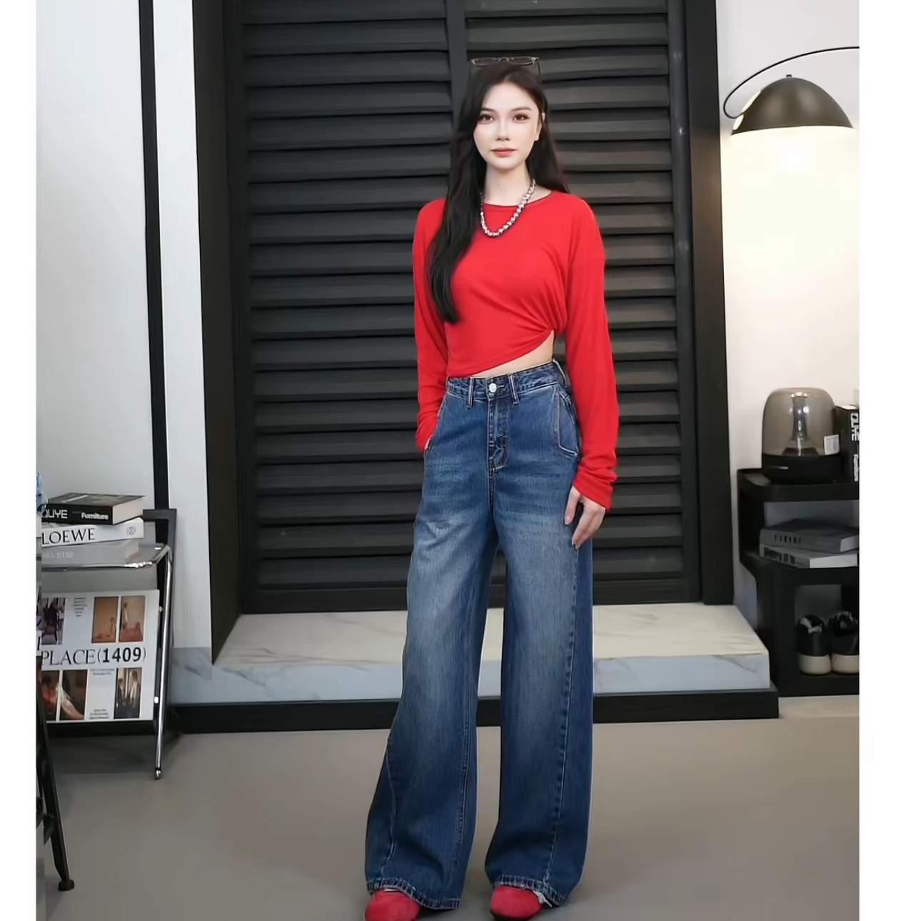 8015蓝色牛仔裤初秋设计感时髦显瘦中高腰阔腿拖地女