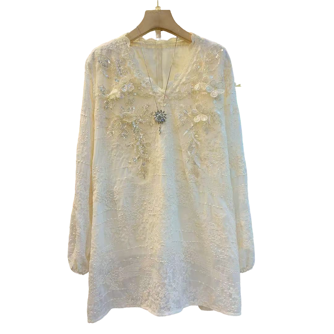 时尚重工新款V领拼接立体花朵气质显瘦长衫（长76左右）