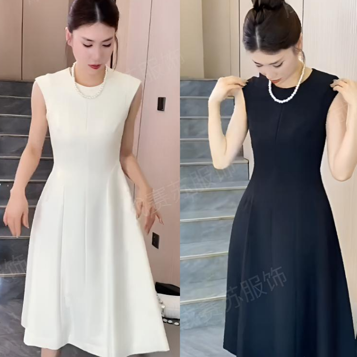 2025夏季无袖A字裙中长裙连衣裙女装小众气质时尚小黑裙XLB60702