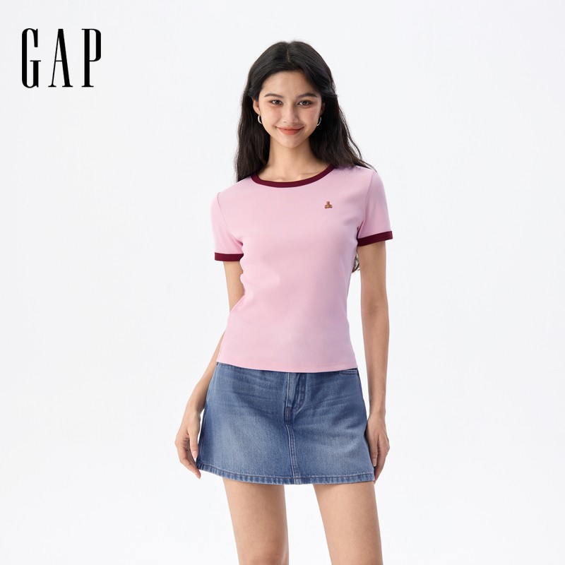 女装2025夏季新款小熊刺绣肌理感撞色紧身短袖T恤低弹766150