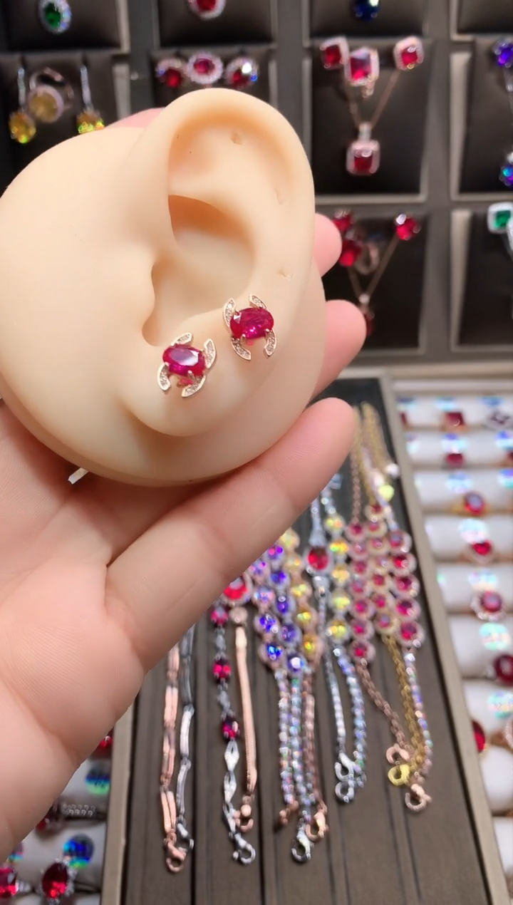 【闪购商品】红宝石耳饰银S925镶嵌玫瑰金