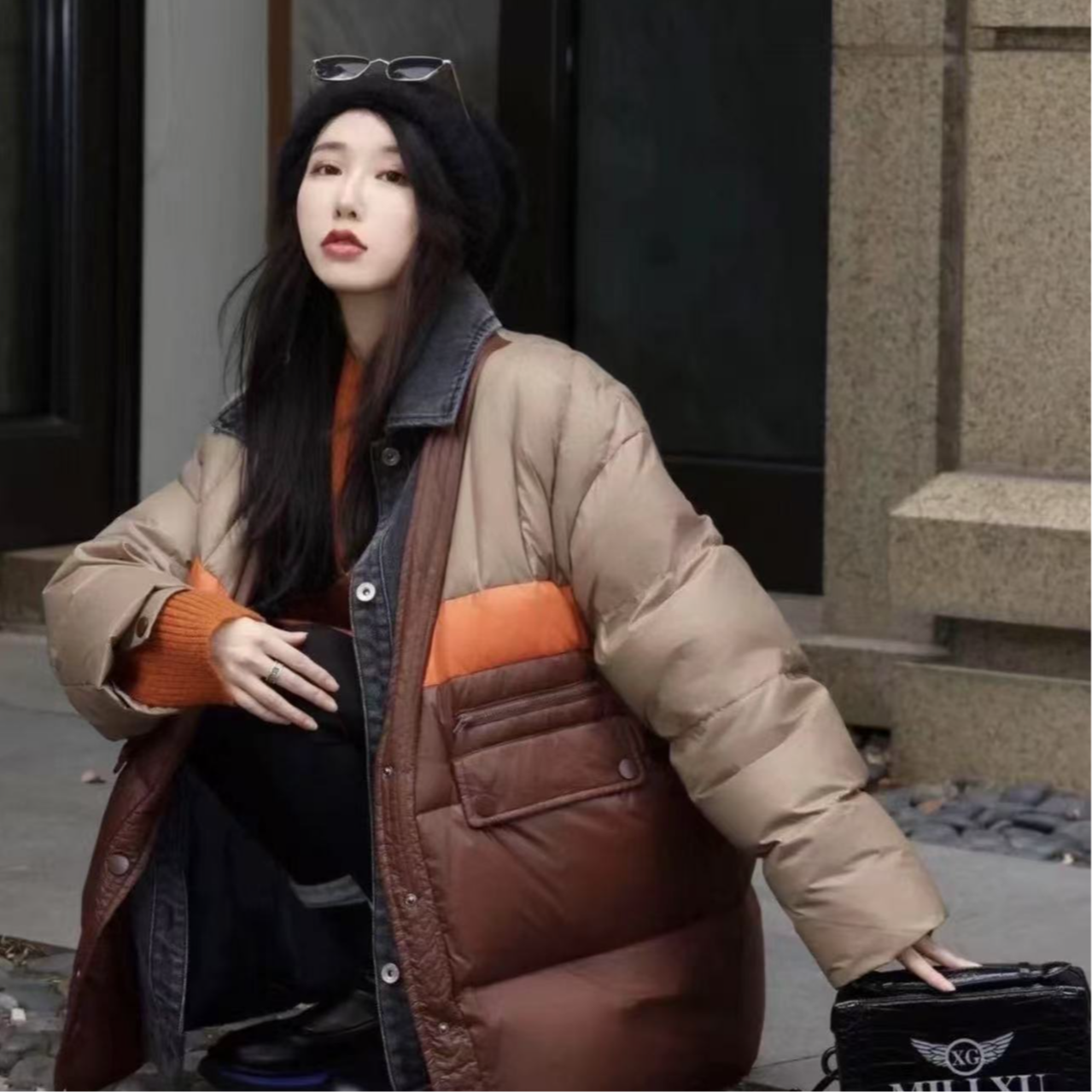 MILIXU联名款拼色假两件冬季羽绒服女装轻盈感休闲外套