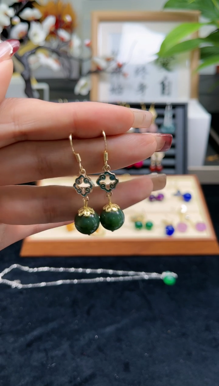 【闪购商品】和田玉耳饰银S925镀金镶嵌506000