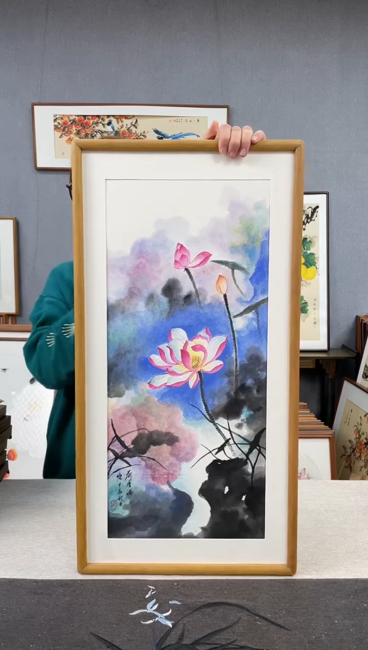 【闪购商品】国画王嘉诚-手绘带框作品-35*68-荷花