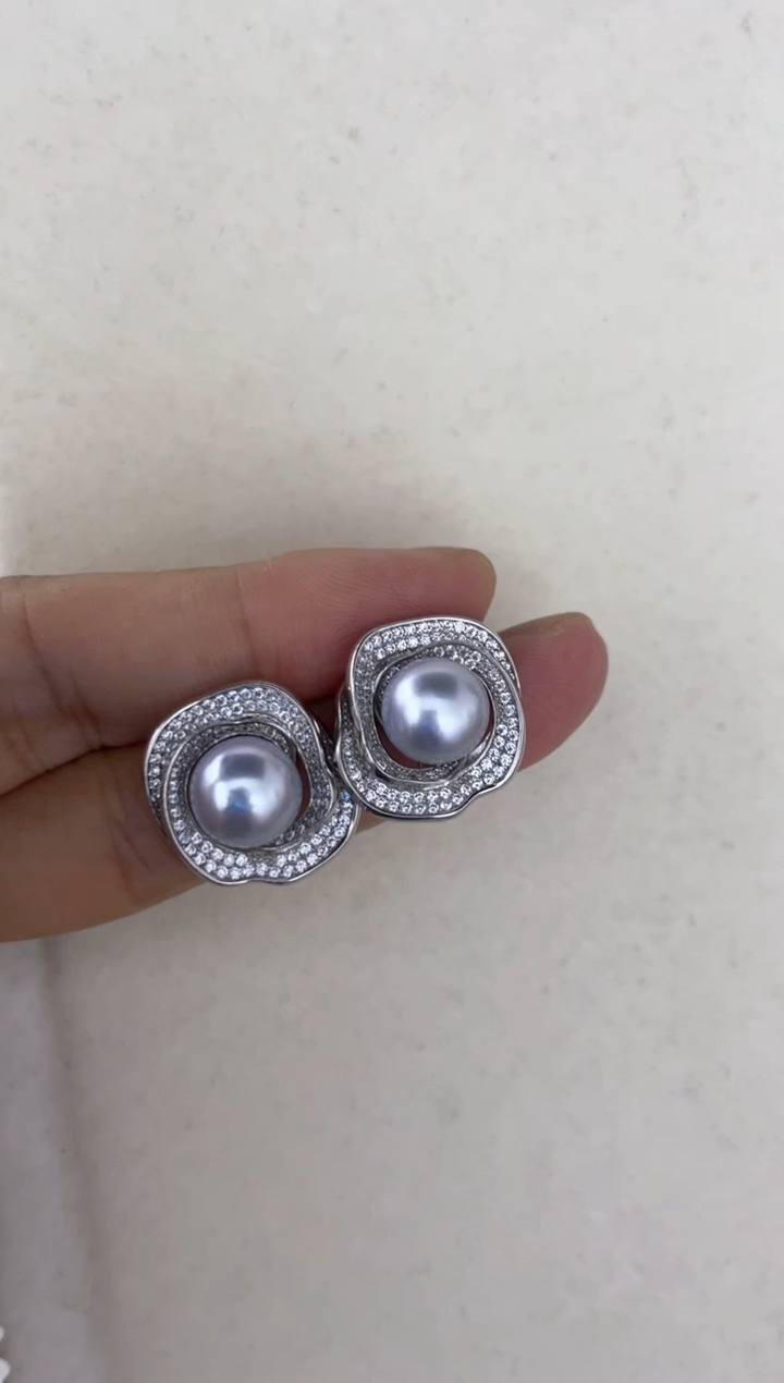银S925镶嵌海水珍珠耳饰耳钉9-10