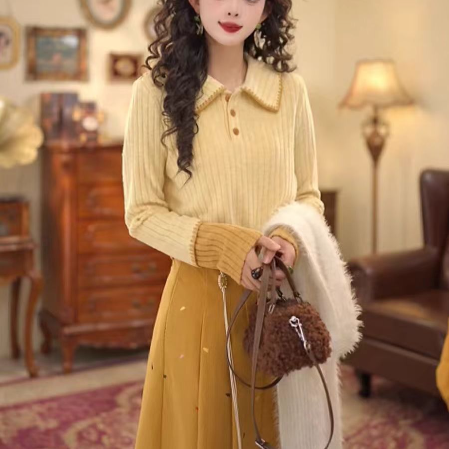 686-3#秋冬新款复古港风磨毛条纹拼色T恤翻领打底衫宽松显瘦上衣