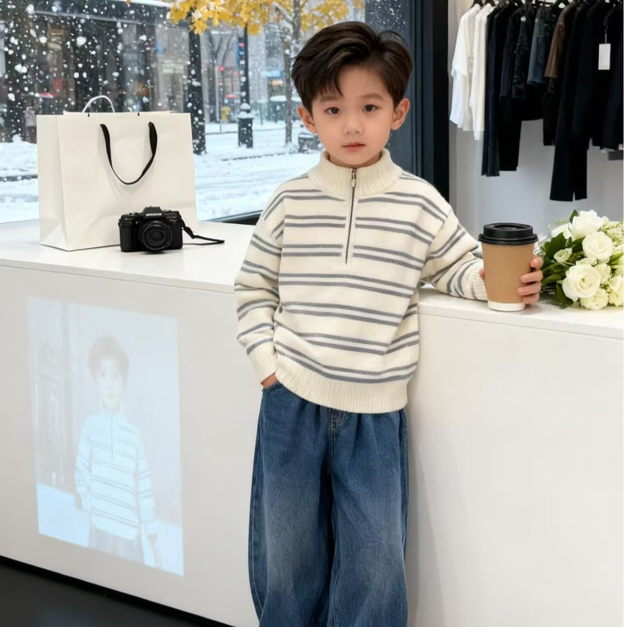 【百分百不起球】超柔软韩国绒男童毛衣2025拉链条纹保暖针织衫