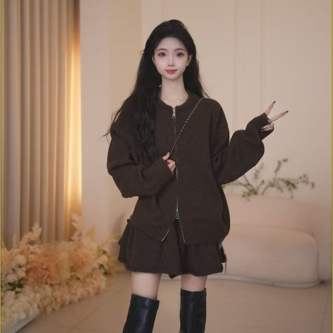 Basic House百家好显瘦咖色复古气质百搭慵懒风套装B1385B5E5O2