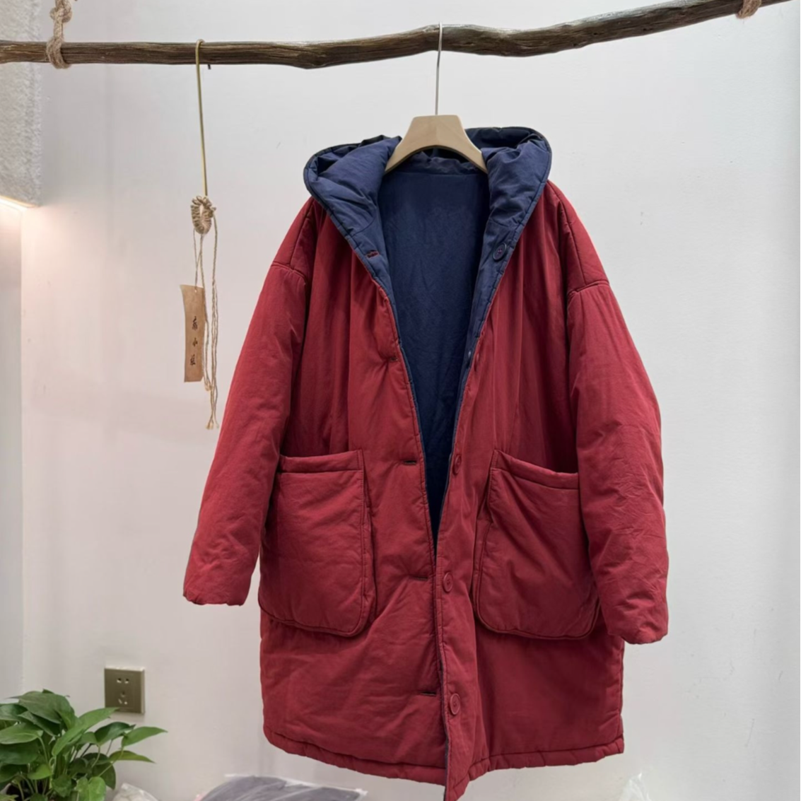 100%棉双面穿中长款连帽加厚棉服百搭休闲保暖冬季时尚宽松潮流