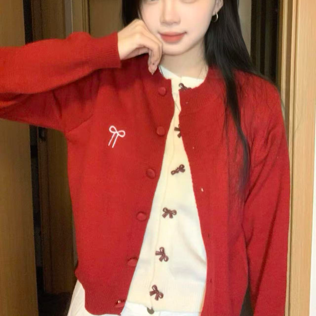 婷婷家复古设计感假两件开衫女秋冬减龄蝴蝶结刺绣针织衫上衣