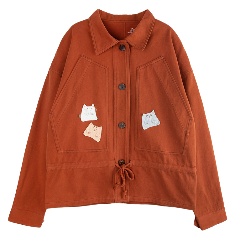 HIKOSEN CARA卡拉猫2025春新款方块喵短外套撞色线休闲复古女上衣