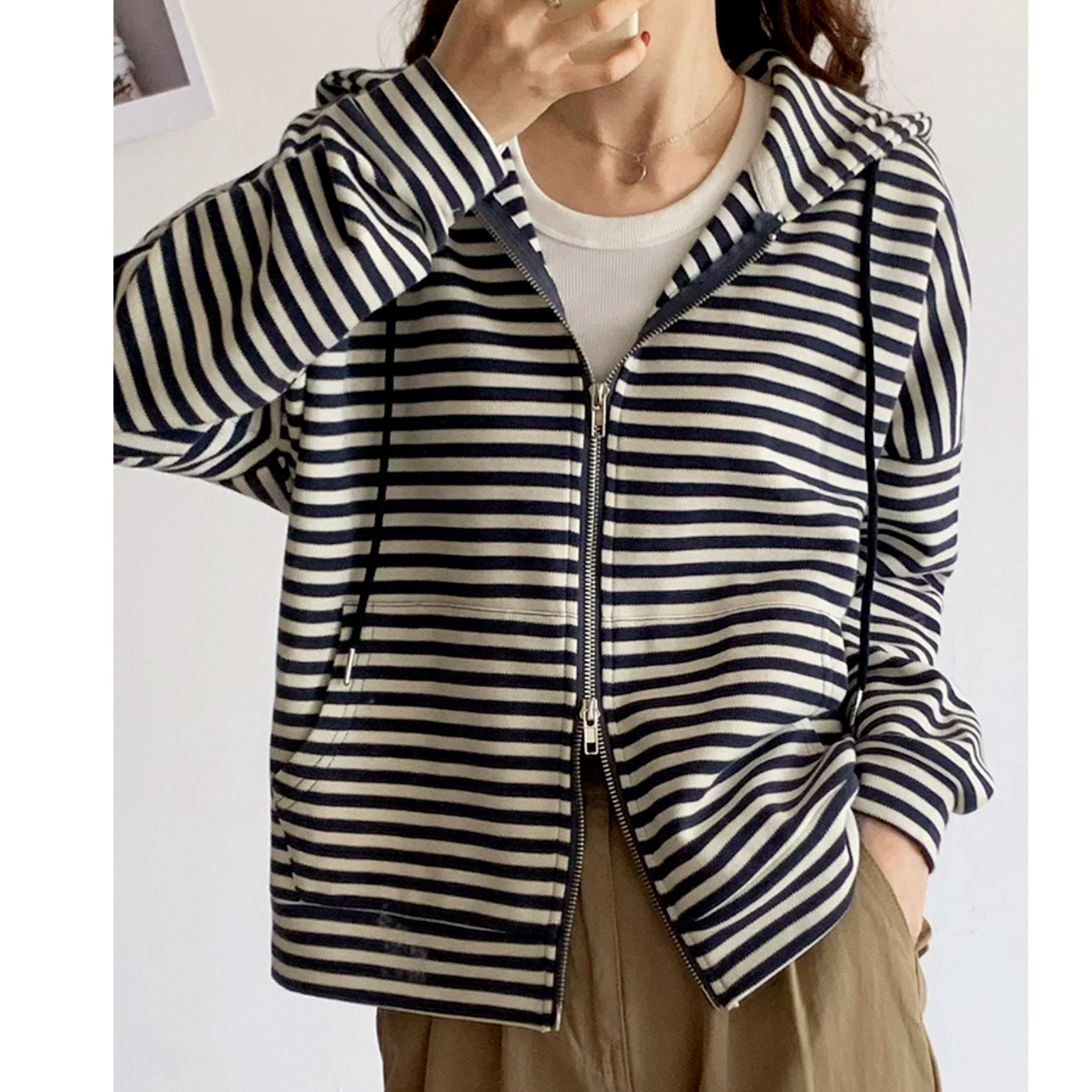 设计感拉链撞色条纹连帽卫衣春季2025新款休闲长袖开衫上衣12740