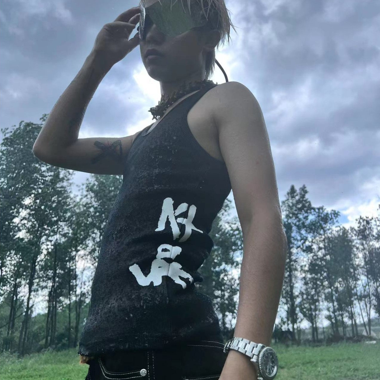 Vinkid（云梯）和平字体螺纹背心重磅小众男女宽松欧美嘻哈个性无袖