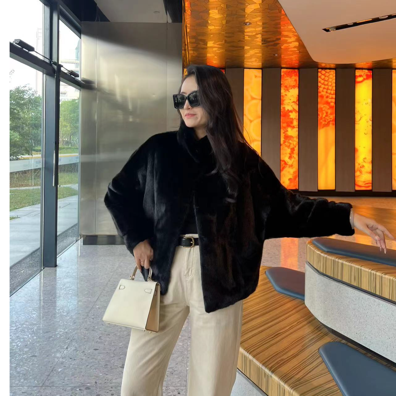 W[摩登时代]进口水貂皮草外套长贝壳款蝙蝠袖65